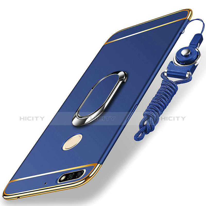 Funda Bumper Lujo Marco de Metal y Plastico Carcasa con Anillo de dedo Soporte y Lanyard para Huawei Y7 (2018)