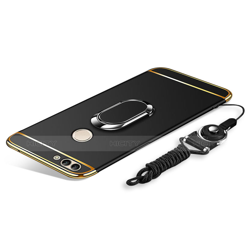 Funda Bumper Lujo Marco de Metal y Plastico Carcasa con Anillo de dedo Soporte y Lanyard para Huawei Y9 (2018) Negro