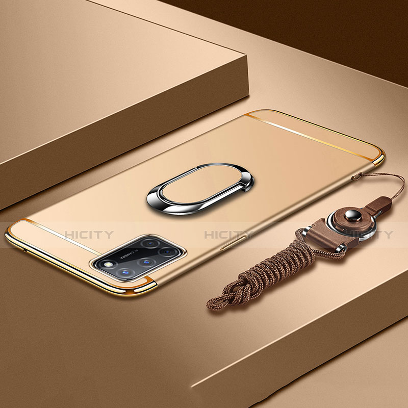 Funda Bumper Lujo Marco de Metal y Plastico Carcasa con Anillo de dedo Soporte y Lanyard para Oppo A52 Oro