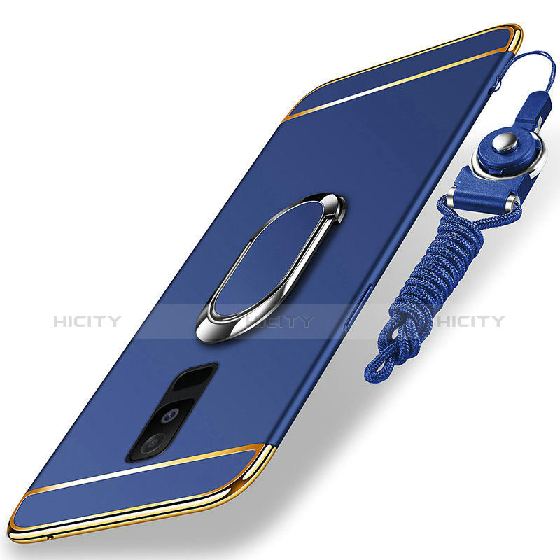 Funda Bumper Lujo Marco de Metal y Plastico Carcasa con Anillo de dedo Soporte y Lanyard para Samsung Galaxy A6 Plus