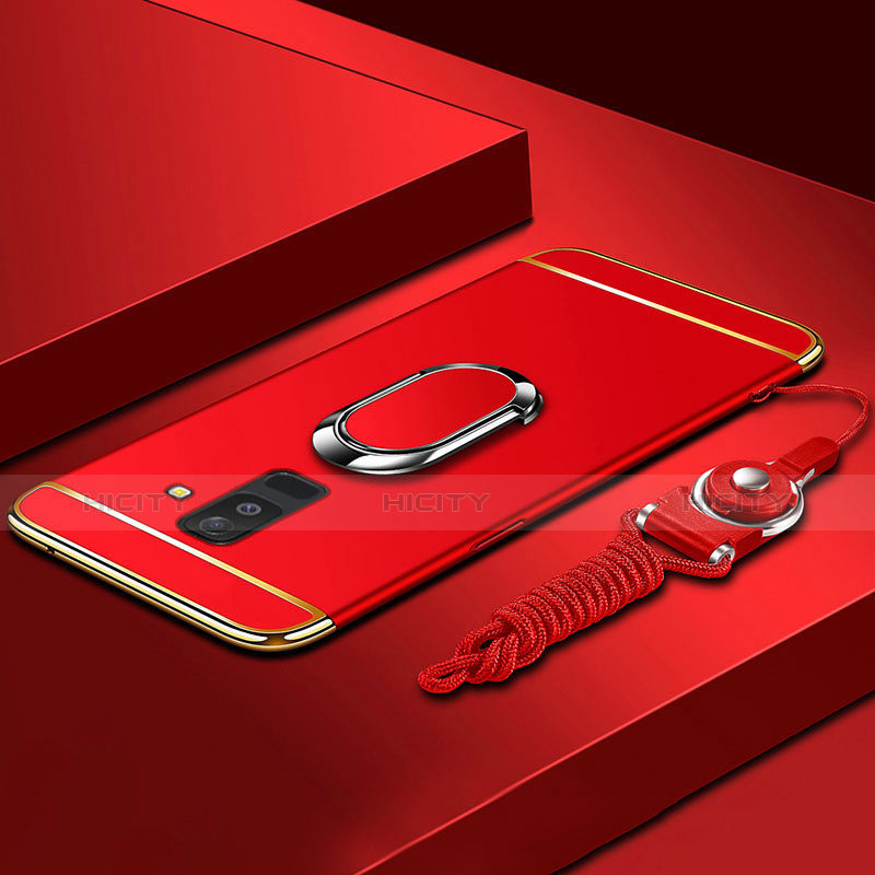 Funda Bumper Lujo Marco de Metal y Plastico Carcasa con Anillo de dedo Soporte y Lanyard para Samsung Galaxy A9 Star Lite Rojo