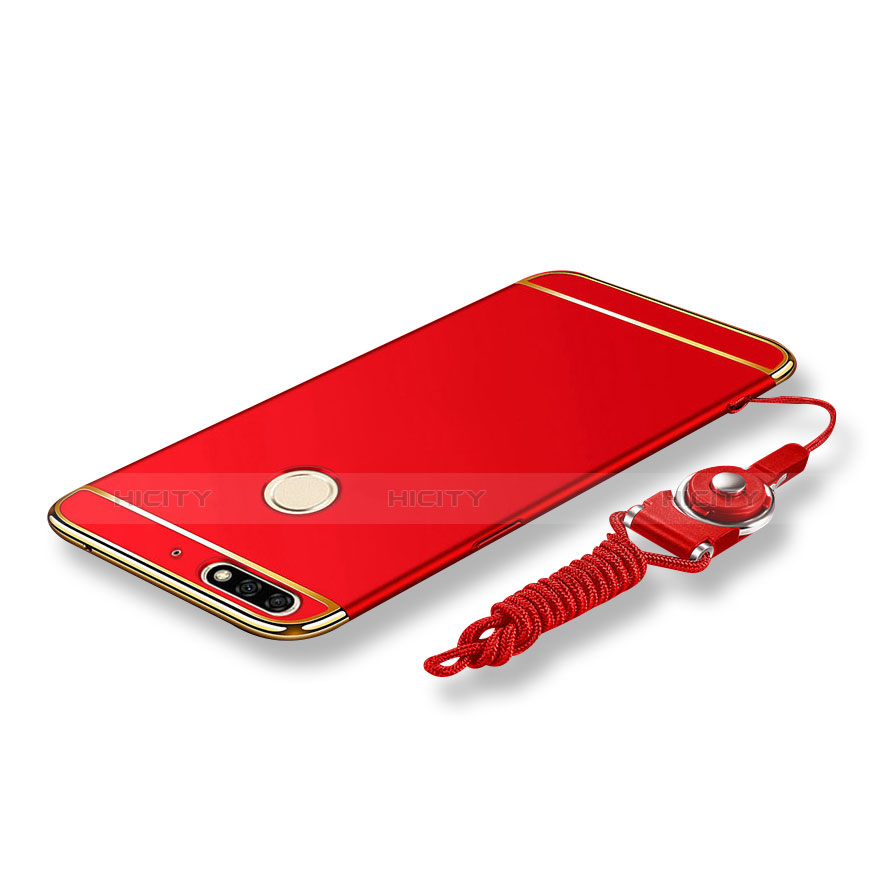 Funda Bumper Lujo Marco de Metal y Plastico Carcasa con Lanyard para Huawei Honor 7C Rojo