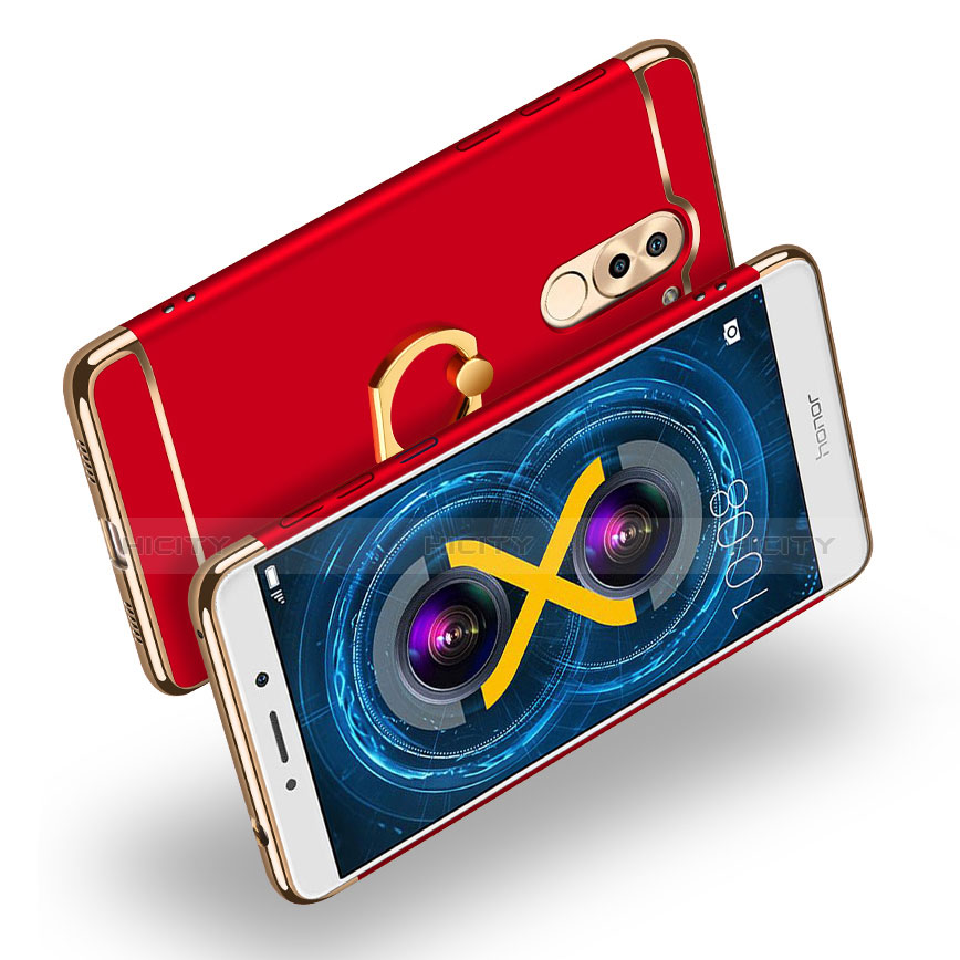 Funda Bumper Lujo Marco de Metal y Plastico con Anillo de dedo Soporte A02 para Huawei Honor 6X Pro Rojo