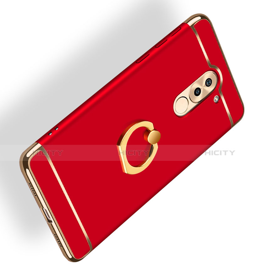 Funda Bumper Lujo Marco de Metal y Plastico con Anillo de dedo Soporte A02 para Huawei Honor 6X Pro Rojo