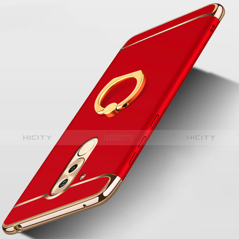 Funda Bumper Lujo Marco de Metal y Plastico con Anillo de dedo Soporte A02 para Huawei Honor 6X Rojo