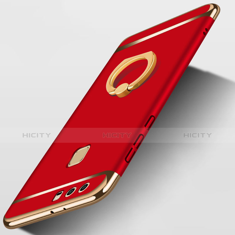 Funda Bumper Lujo Marco de Metal y Plastico con Anillo de dedo Soporte A03 para Huawei P9 Plus Rojo