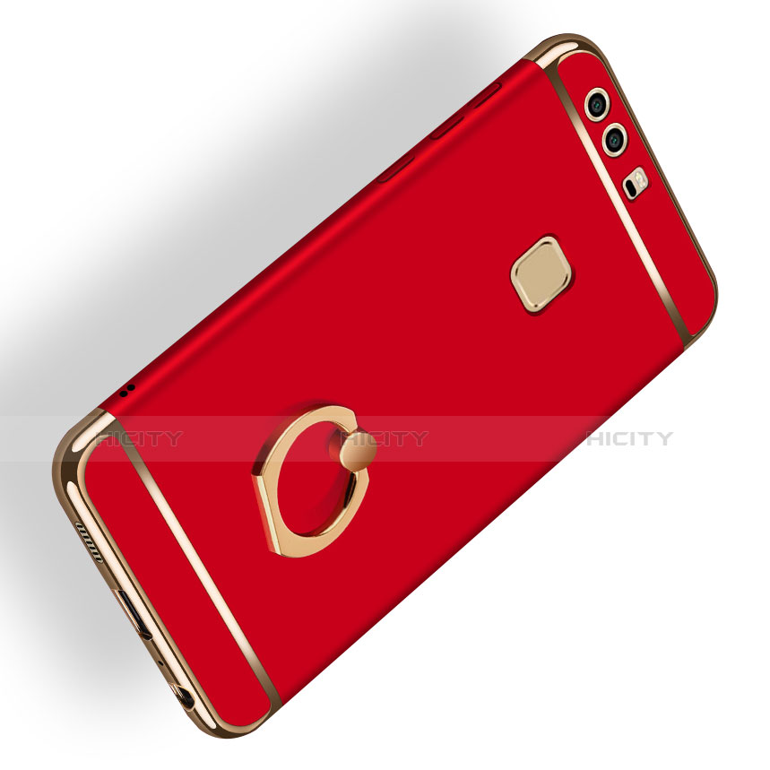 Funda Bumper Lujo Marco de Metal y Plastico con Anillo de dedo Soporte A03 para Huawei P9 Plus Rojo