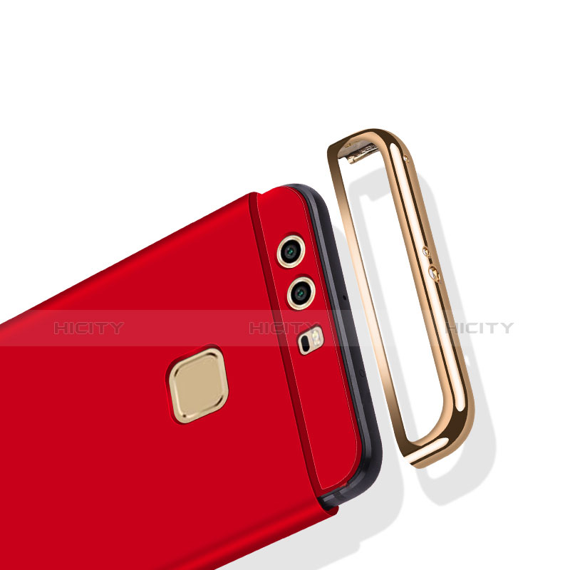 Funda Bumper Lujo Marco de Metal y Plastico con Anillo de dedo Soporte A03 para Huawei P9 Plus Rojo