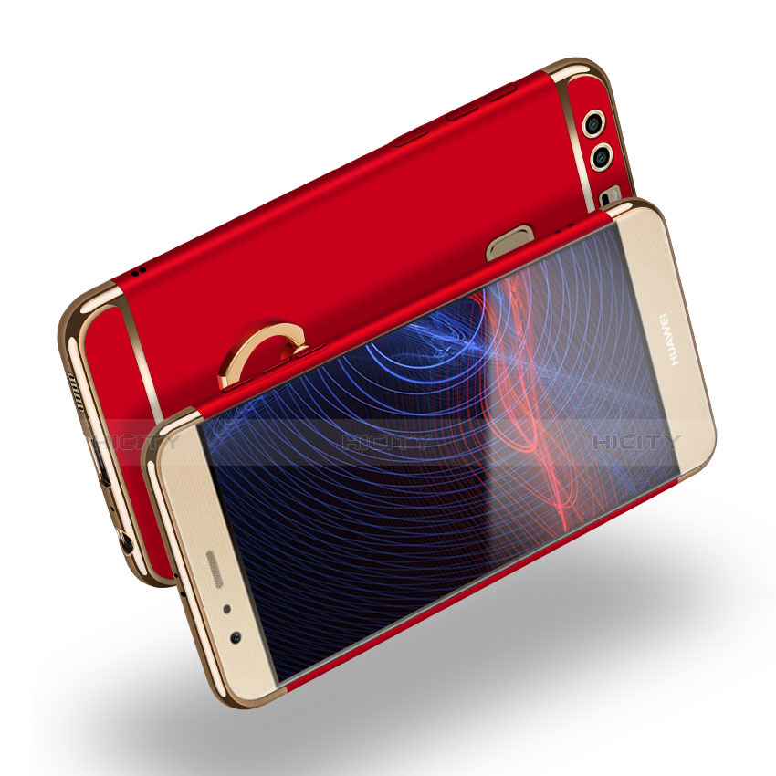 Funda Bumper Lujo Marco de Metal y Plastico con Anillo de dedo Soporte A03 para Huawei P9 Rojo