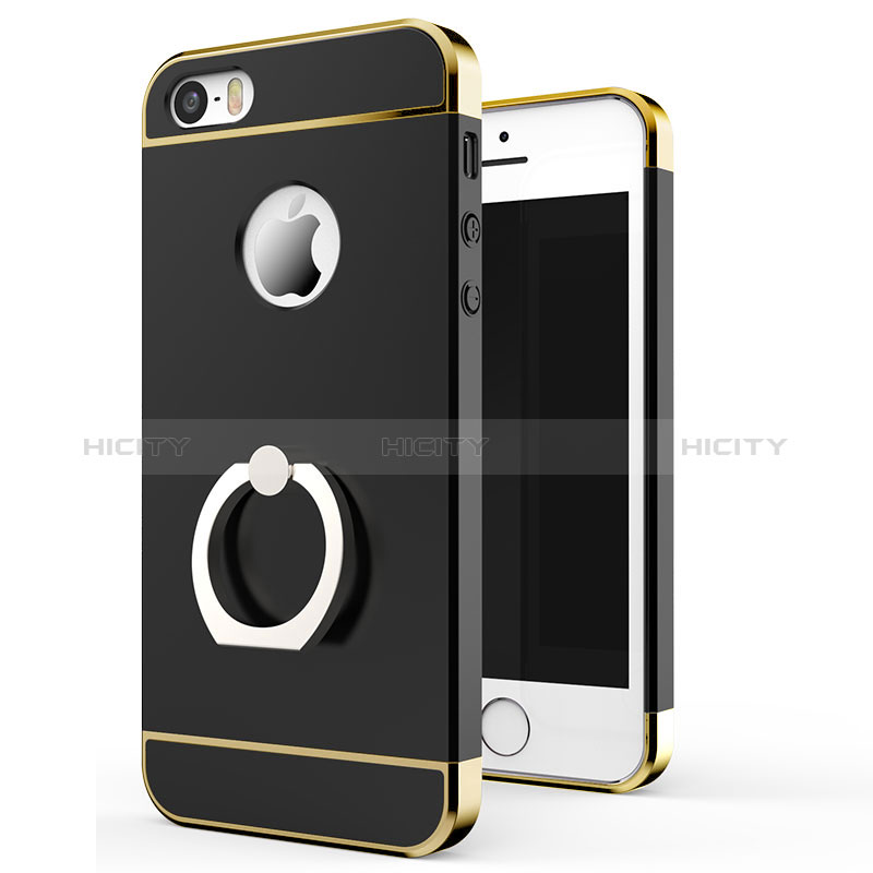 Funda Bumper Lujo Marco de Metal y Plastico con Anillo de dedo Soporte para Apple iPhone 5 Negro