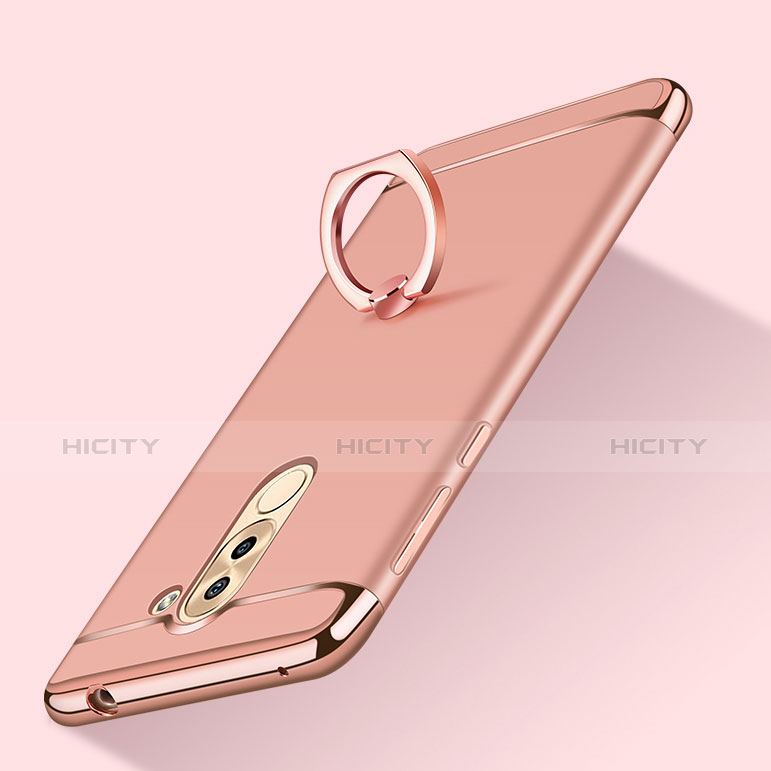 Funda Bumper Lujo Marco de Metal y Plastico con Anillo de dedo Soporte para Huawei Honor 6X Pro Oro Rosa