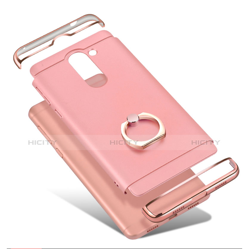 Funda Bumper Lujo Marco de Metal y Plastico con Anillo de dedo Soporte para Huawei Honor 6X Pro Oro Rosa