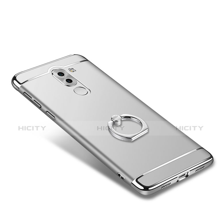 Funda Bumper Lujo Marco de Metal y Plastico con Anillo de dedo Soporte para Huawei Honor 6X Pro Plata