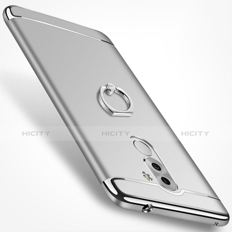 Funda Bumper Lujo Marco de Metal y Plastico con Anillo de dedo Soporte para Huawei Honor 6X Pro Plata