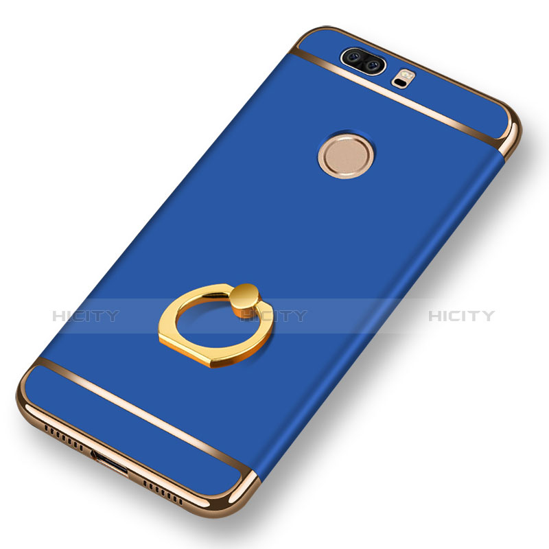 Funda Bumper Lujo Marco de Metal y Plastico con Anillo de dedo Soporte para Huawei Honor V8 Azul
