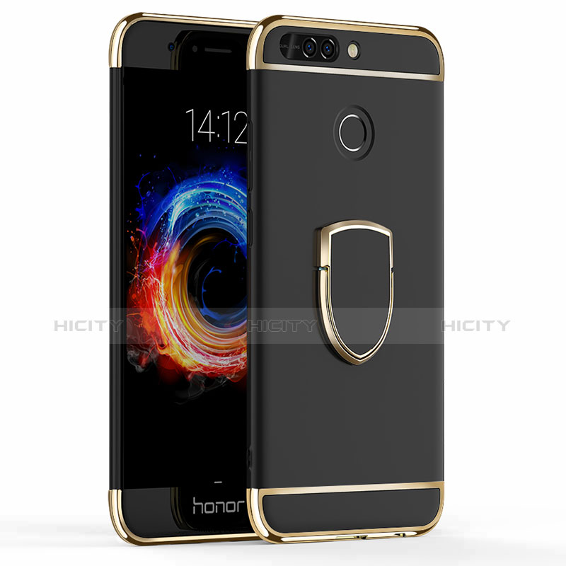 Funda Bumper Lujo Marco de Metal y Plastico con Anillo de dedo Soporte para Huawei Honor V9 Negro