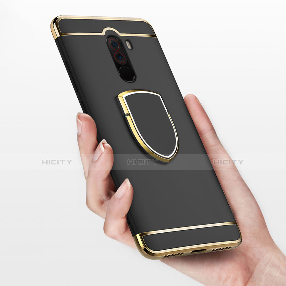 Funda Bumper Lujo Marco de Metal y Plastico con Anillo de dedo Soporte para Xiaomi Pocophone F1 Negro