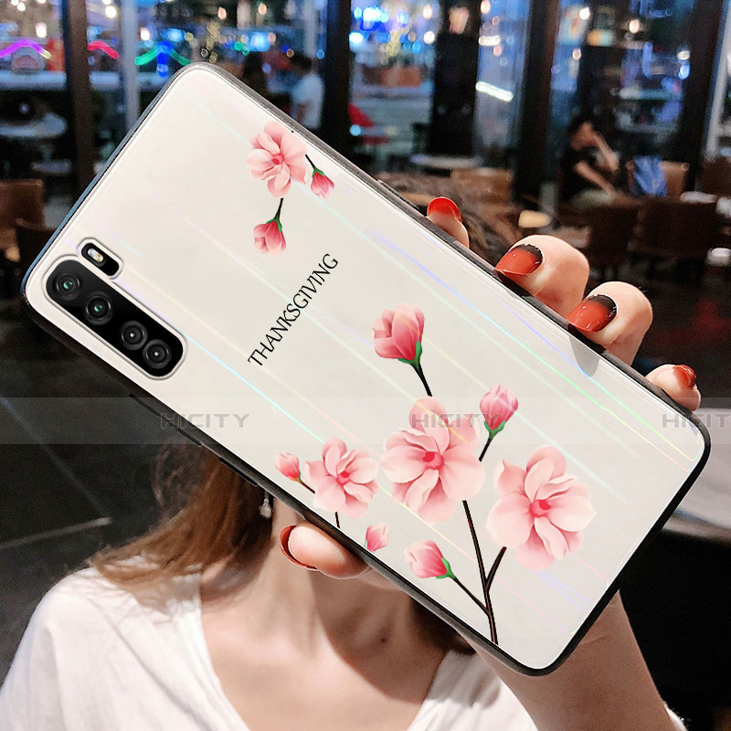 Funda Bumper Silicona Gel Espejo Flores Carcasa para Huawei Nova 7 SE 5G Rosa