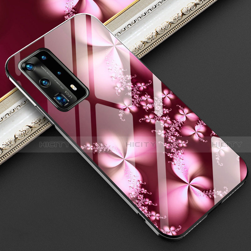 Funda Bumper Silicona Gel Espejo Flores Carcasa para Huawei P40 Pro+ Plus Rojo