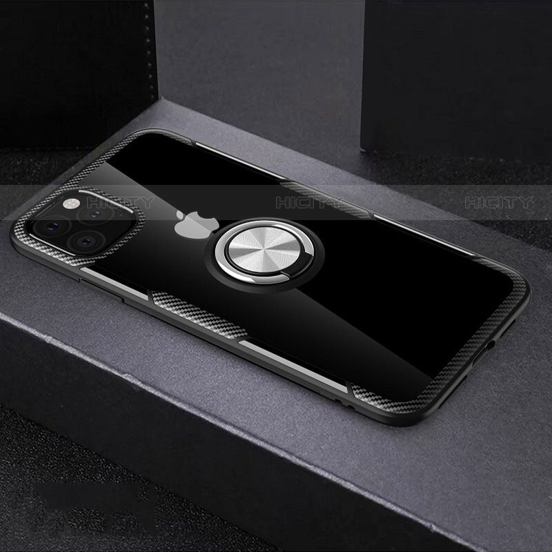 Funda Bumper Silicona Transparente Espejo 360 Grados con Magnetico Anillo de dedo Soporte M01 para Apple iPhone 11 Pro Negro