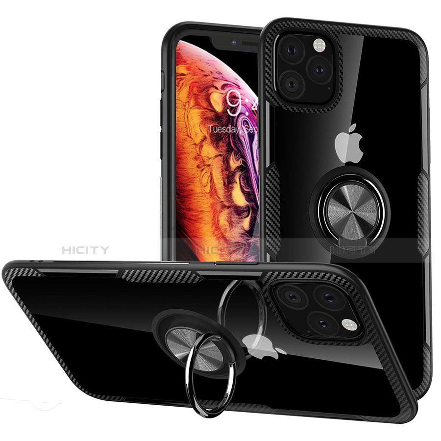 Funda Bumper Silicona Transparente Espejo 360 Grados con Magnetico Anillo de dedo Soporte M02 para Apple iPhone 11 Pro Max Negro