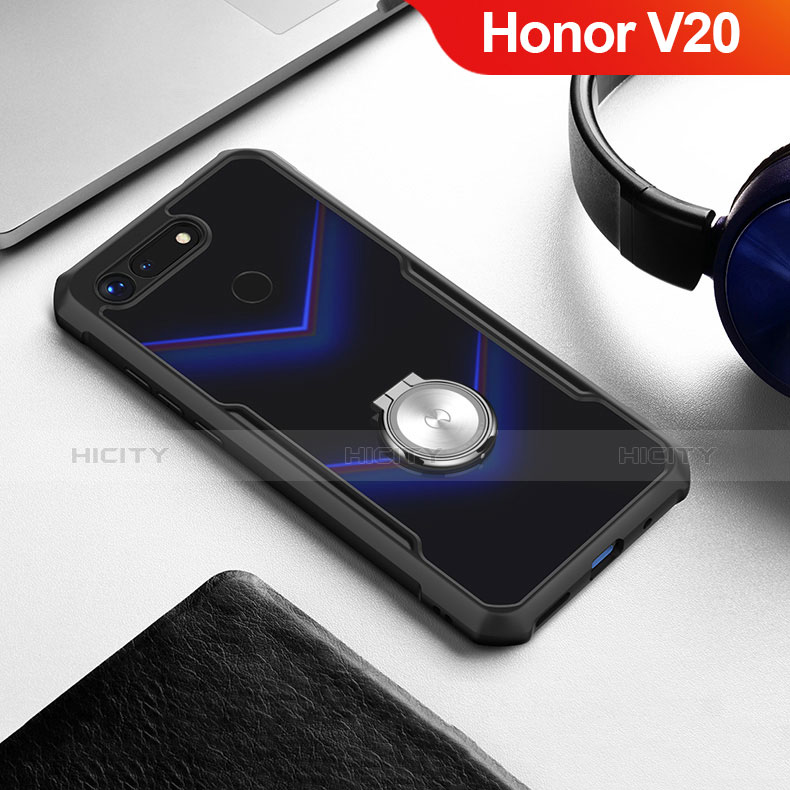 Funda Bumper Silicona Transparente Espejo 360 Grados con Magnetico Anillo de dedo Soporte para Huawei Honor V20 Negro