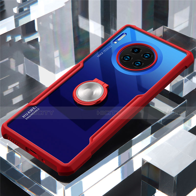 Funda Bumper Silicona Transparente Espejo 360 Grados con Magnetico Anillo de dedo Soporte para Huawei Mate 30 Pro 5G Rojo