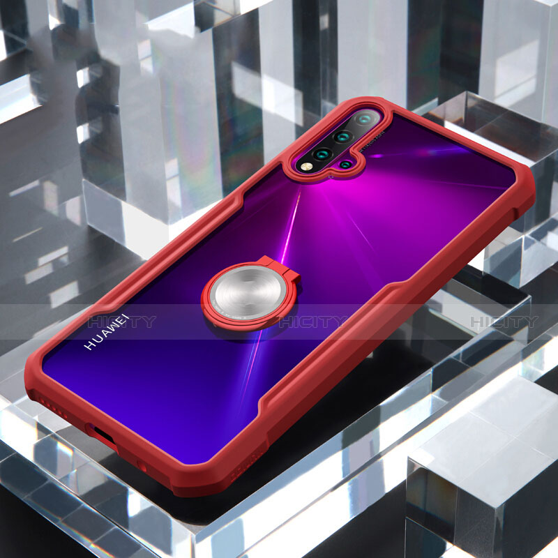 Funda Bumper Silicona Transparente Espejo 360 Grados con Magnetico Anillo de dedo Soporte para Huawei Nova 5 Pro Rojo