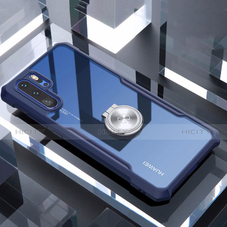 Funda Bumper Silicona Transparente Espejo 360 Grados con Magnetico Anillo de dedo Soporte para Huawei P30 Pro Azul