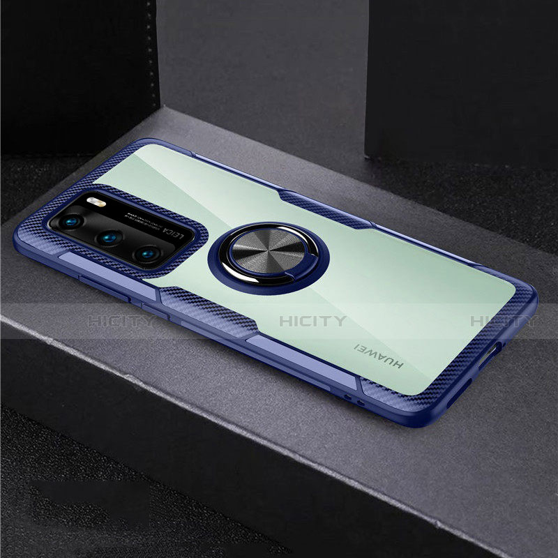 Funda Bumper Silicona Transparente Espejo 360 Grados con Magnetico Anillo de dedo Soporte para Huawei P40 Azul