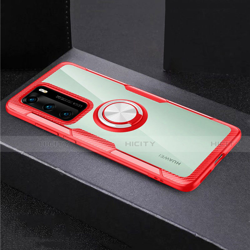 Funda Bumper Silicona Transparente Espejo 360 Grados con Magnetico Anillo de dedo Soporte para Huawei P40 Rojo