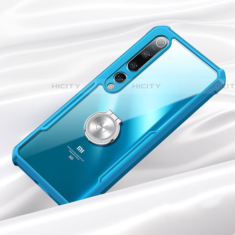 Funda Bumper Silicona Transparente Espejo 360 Grados con Magnetico Anillo de dedo Soporte para Xiaomi Mi 10 Azul