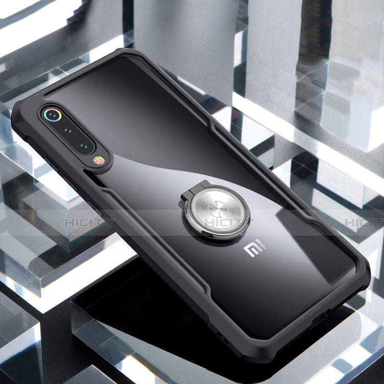 Funda Bumper Silicona Transparente Espejo 360 Grados con Magnetico Anillo de dedo Soporte para Xiaomi Mi 9 Lite Negro