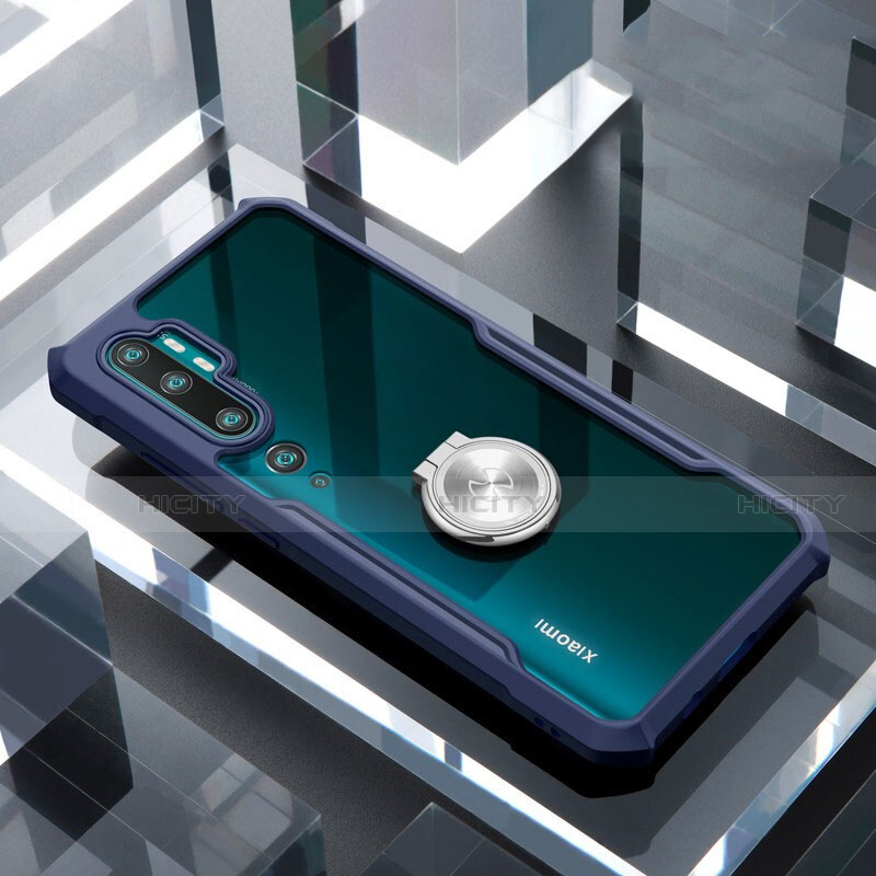 Funda Bumper Silicona Transparente Espejo 360 Grados con Magnetico Anillo de dedo Soporte para Xiaomi Mi Note 10 Azul