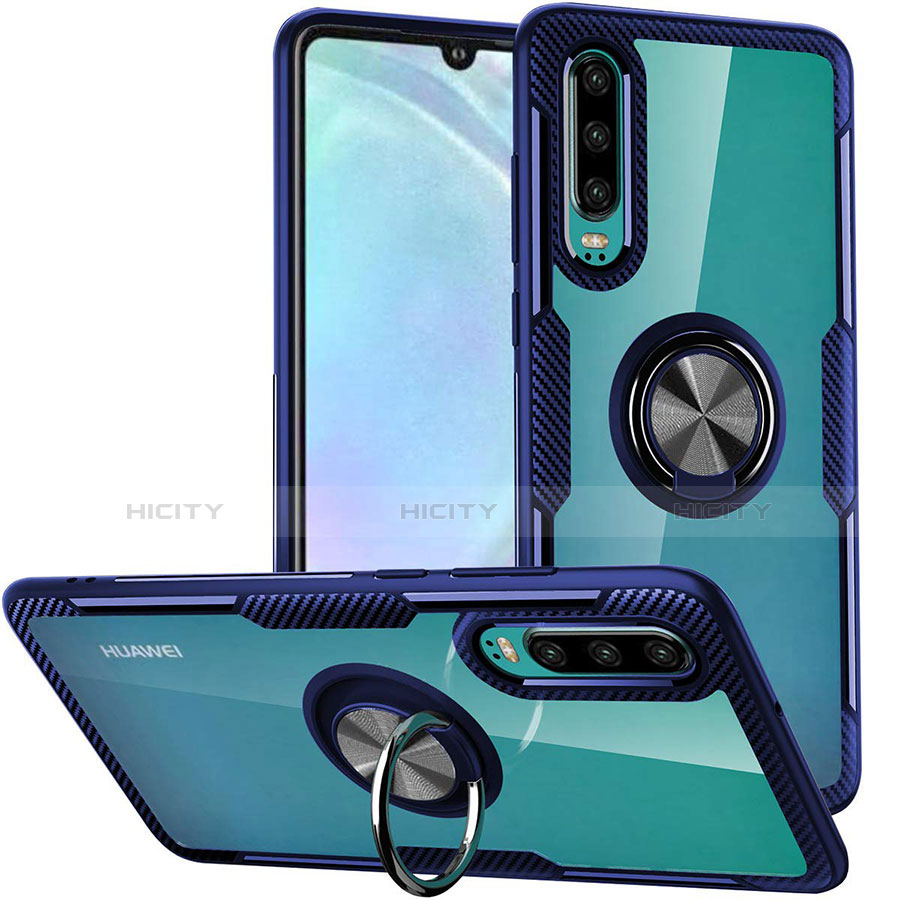 Funda Bumper Silicona Transparente Espejo 360 Grados con Magnetico Anillo de dedo Soporte S01 para Huawei P30 Azul