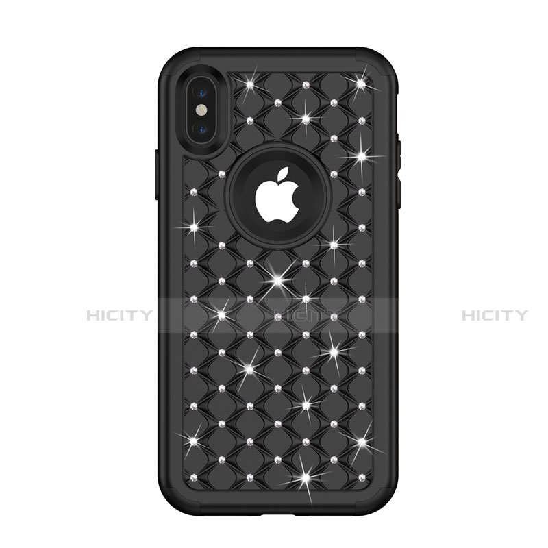 Funda Bumper Silicona y Plastico Carcasa Frontal y Trasera 360 Grados Bling-Bling para Apple iPhone X Negro