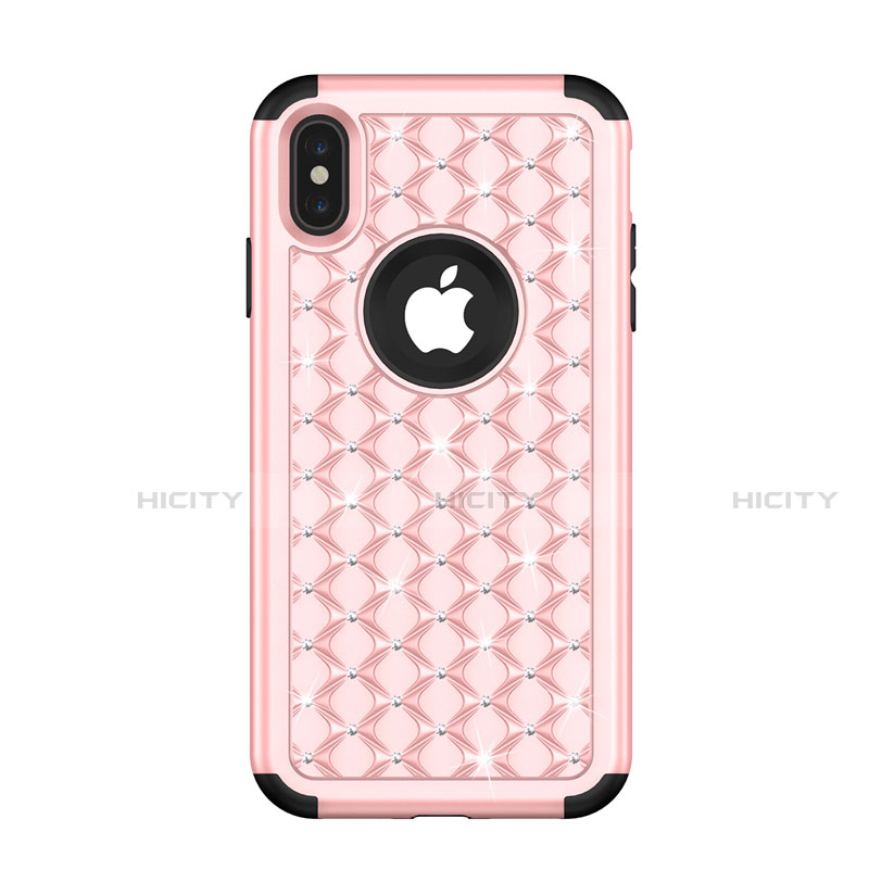 Funda Bumper Silicona y Plastico Carcasa Frontal y Trasera 360 Grados Bling-Bling para Apple iPhone X Oro Rosa