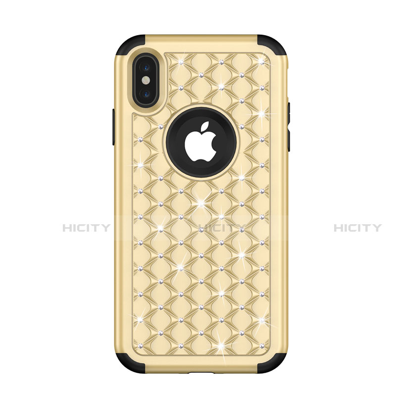 Funda Bumper Silicona y Plastico Carcasa Frontal y Trasera 360 Grados Bling-Bling para Apple iPhone X Oro y Negro