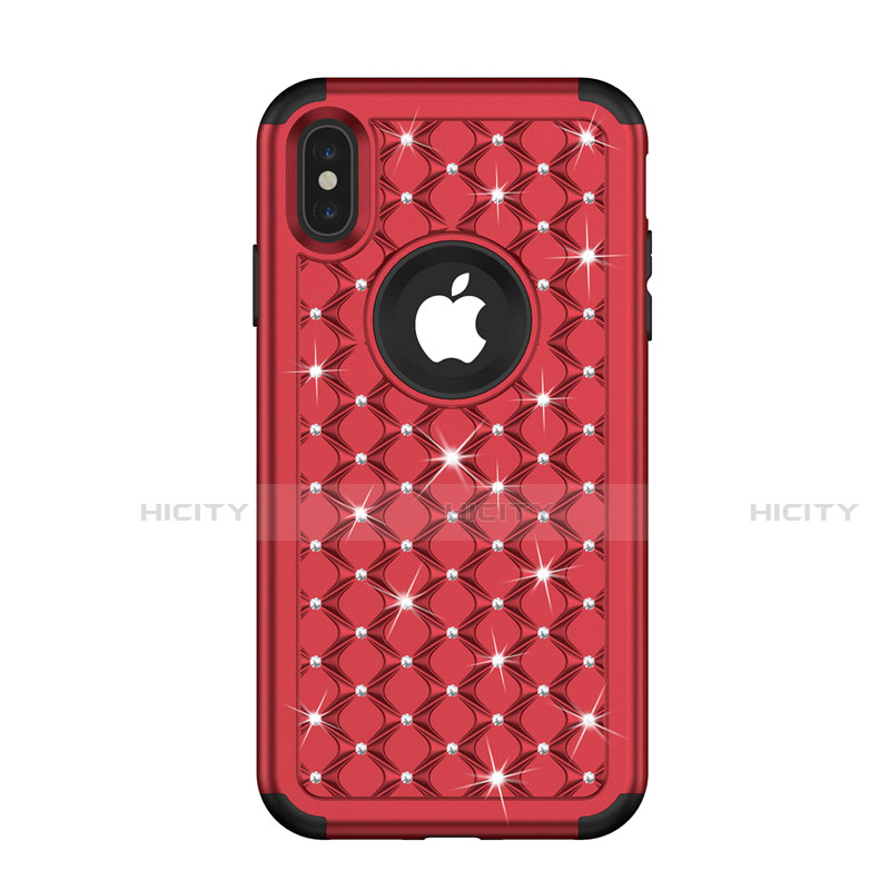 Funda Bumper Silicona y Plastico Carcasa Frontal y Trasera 360 Grados Bling-Bling para Apple iPhone X Rojo