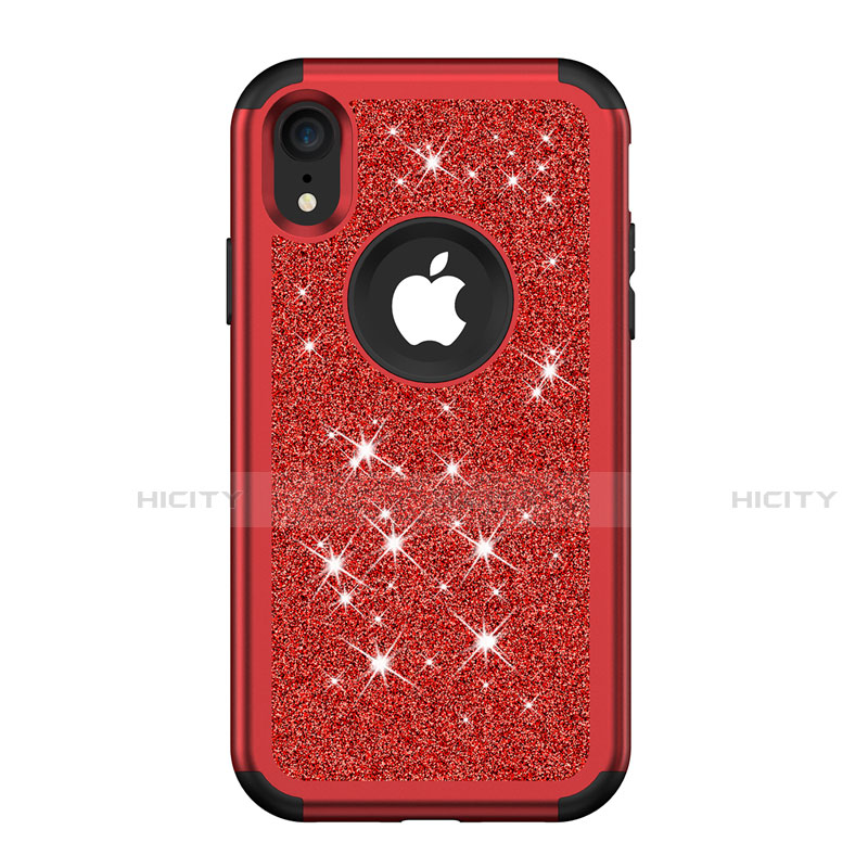 Funda Bumper Silicona y Plastico Carcasa Frontal y Trasera 360 Grados Bling-Bling para Apple iPhone XR Rojo