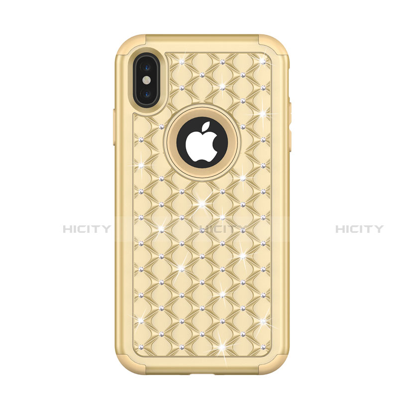 Funda Bumper Silicona y Plastico Carcasa Frontal y Trasera 360 Grados Bling-Bling para Apple iPhone Xs Oro