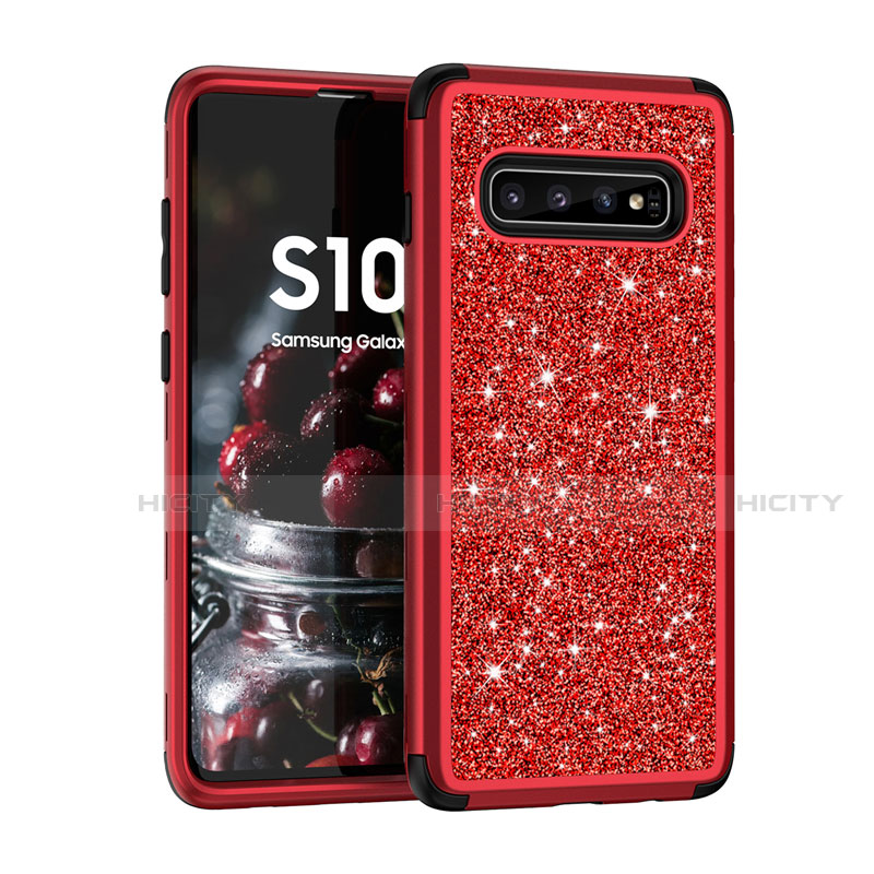 Funda Bumper Silicona y Plastico Carcasa Frontal y Trasera 360 Grados Bling-Bling para Samsung Galaxy S10 Plus Rojo