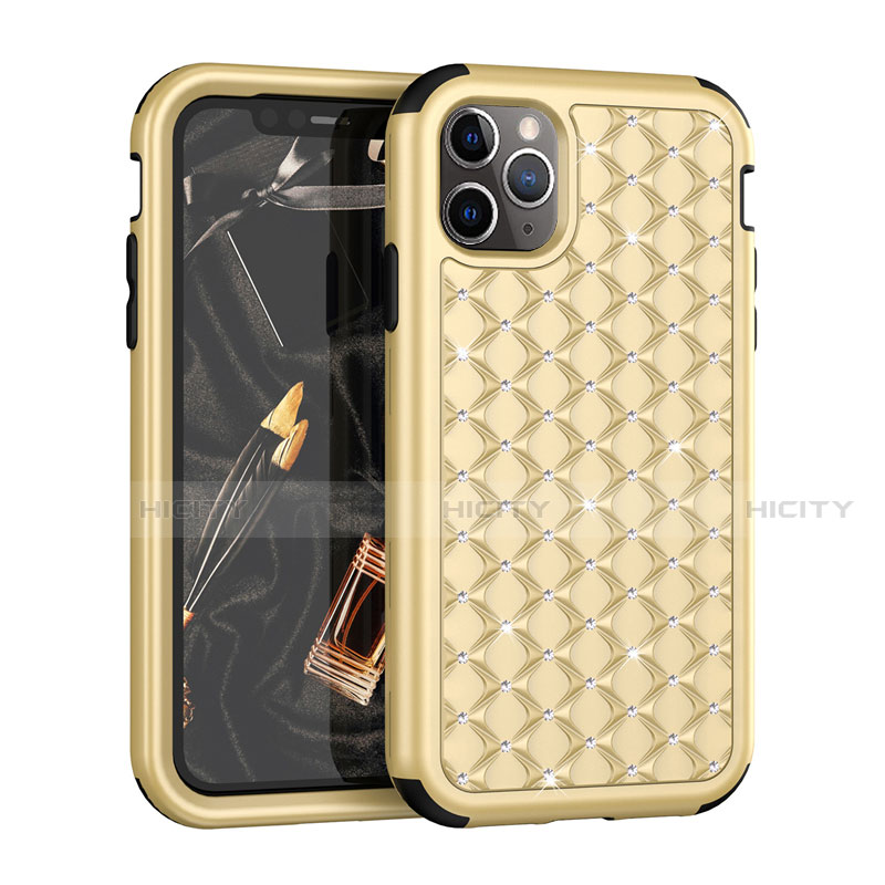 Funda Bumper Silicona y Plastico Carcasa Frontal y Trasera 360 Grados Bling-Bling U01 para Apple iPhone 11 Pro Oro y Negro