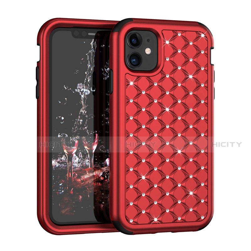 Funda Bumper Silicona y Plastico Carcasa Frontal y Trasera 360 Grados Bling-Bling U01 para Apple iPhone 11 Rojo