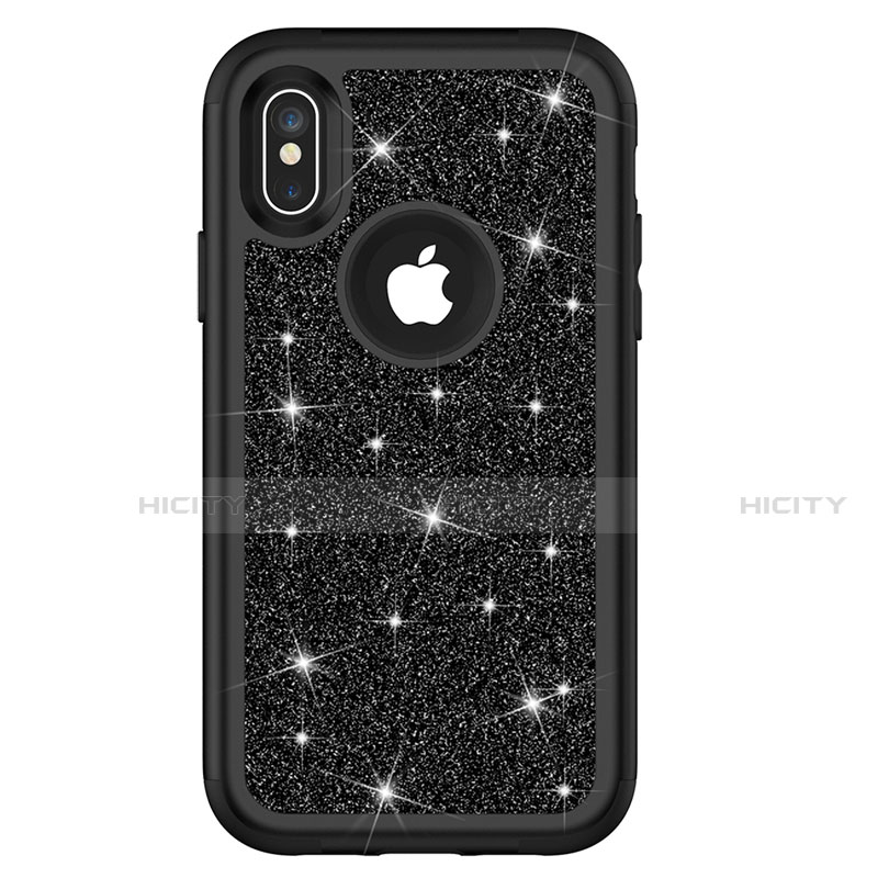 Funda Bumper Silicona y Plastico Carcasa Frontal y Trasera 360 Grados Bling-Bling U01 para Apple iPhone X Negro