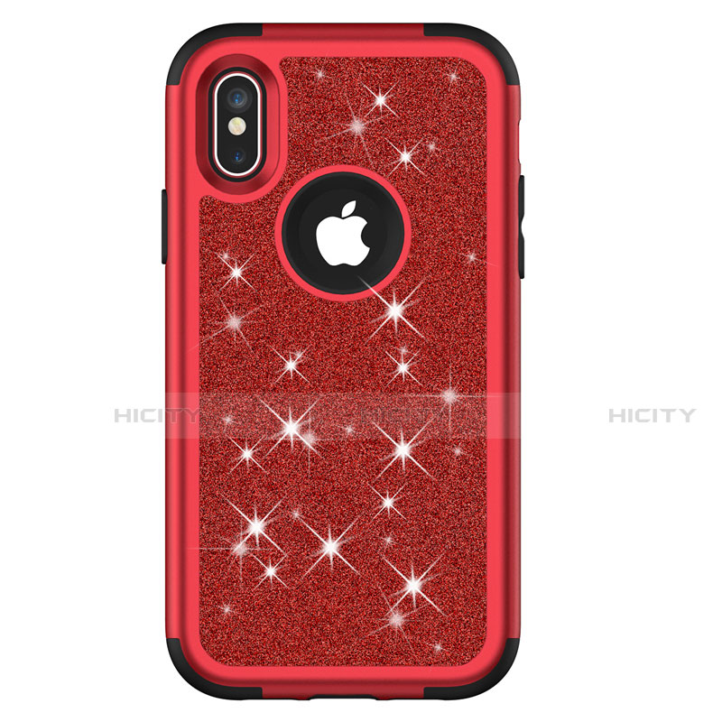 Funda Bumper Silicona y Plastico Carcasa Frontal y Trasera 360 Grados Bling-Bling U01 para Apple iPhone Xs Rojo