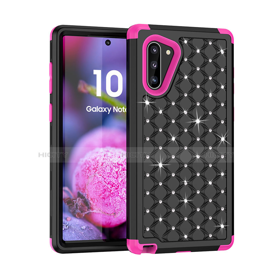 Funda Bumper Silicona y Plastico Carcasa Frontal y Trasera 360 Grados Bling-Bling U01 para Samsung Galaxy Note 10 5G Rosa Roja