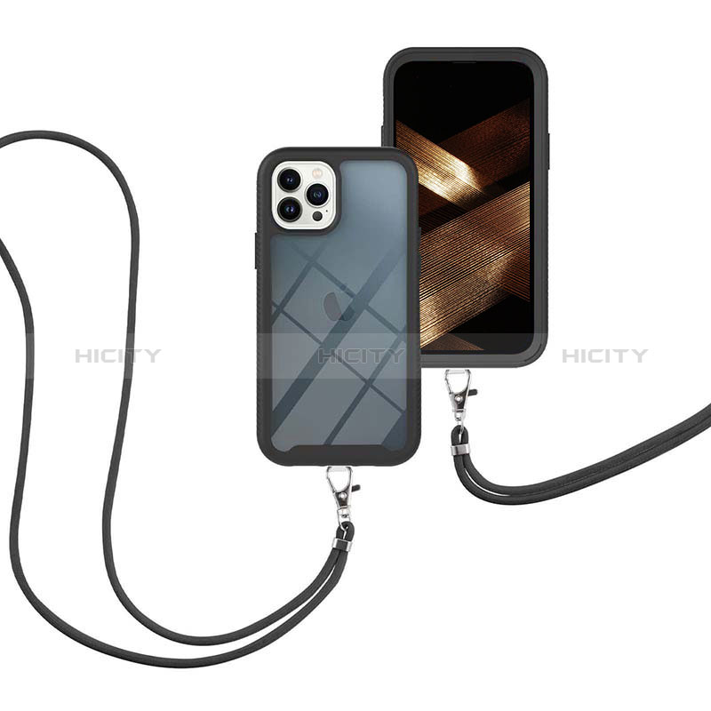 Funda Bumper Silicona y Plastico Carcasa Frontal y Trasera 360 Grados con Acollador Cordon Lanyard para Apple iPhone 13 Pro Max Negro