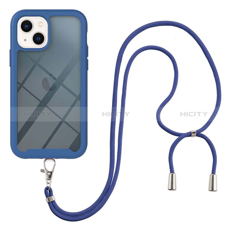 Funda Bumper Silicona y Plastico Carcasa Frontal y Trasera 360 Grados con Acollador Cordon Lanyard para Apple iPhone 14 Plus Azul