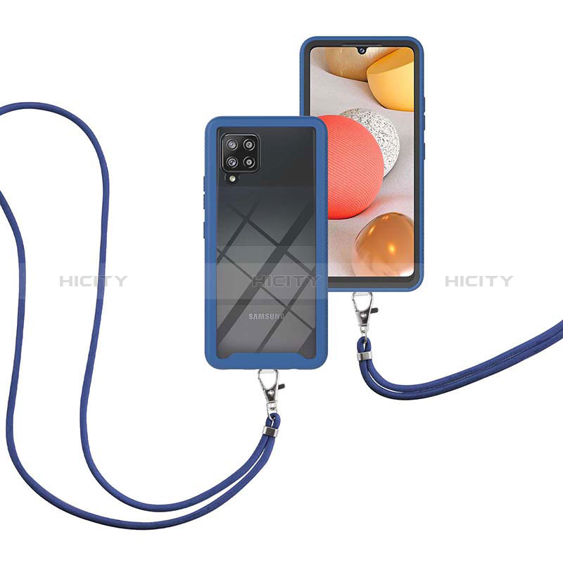 Funda Bumper Silicona y Plastico Carcasa Frontal y Trasera 360 Grados con Acollador Cordon Lanyard para Samsung Galaxy A42 5G Azul